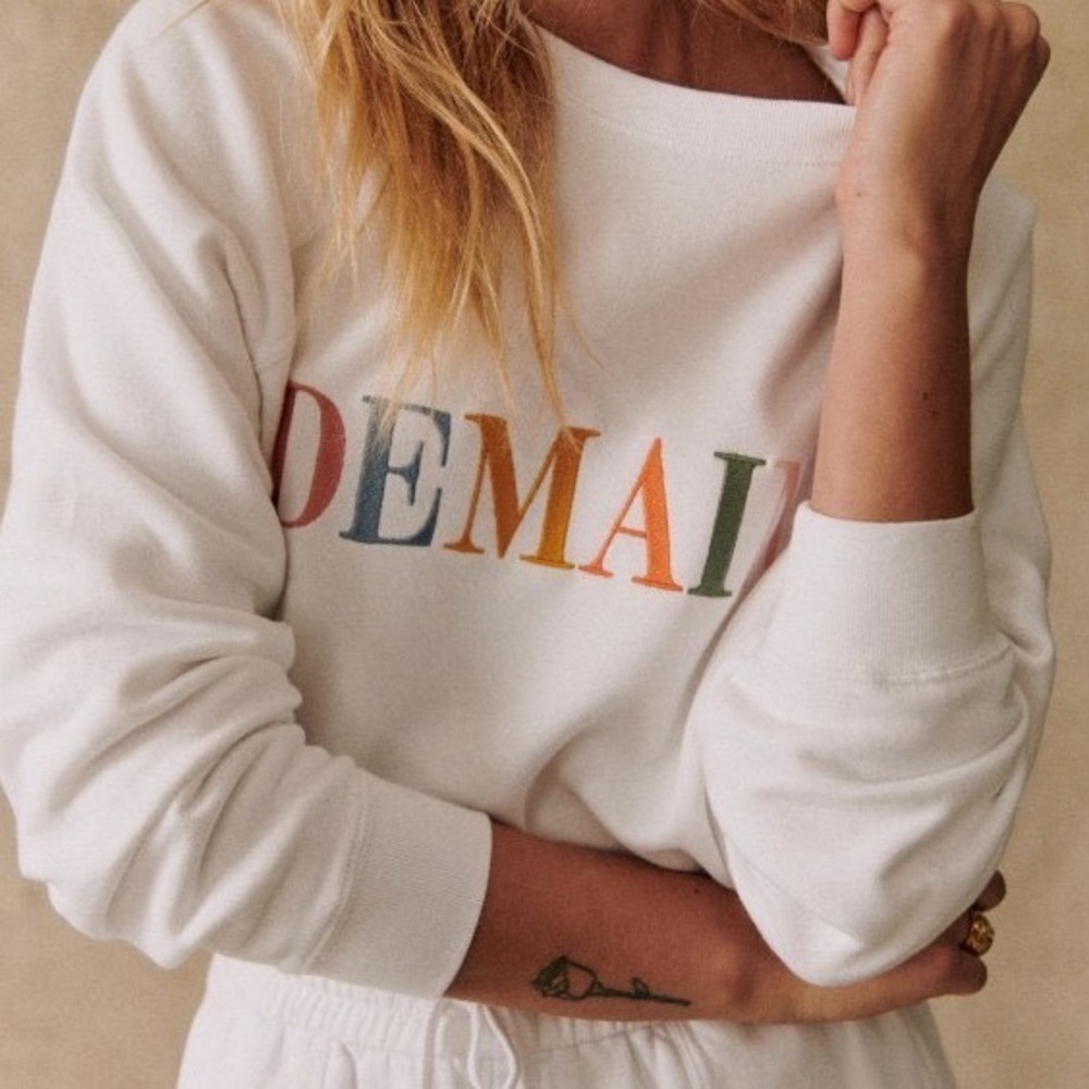 Sezane Demain Sweatshirt White Multi Color Embroidered Organic Cotton Small